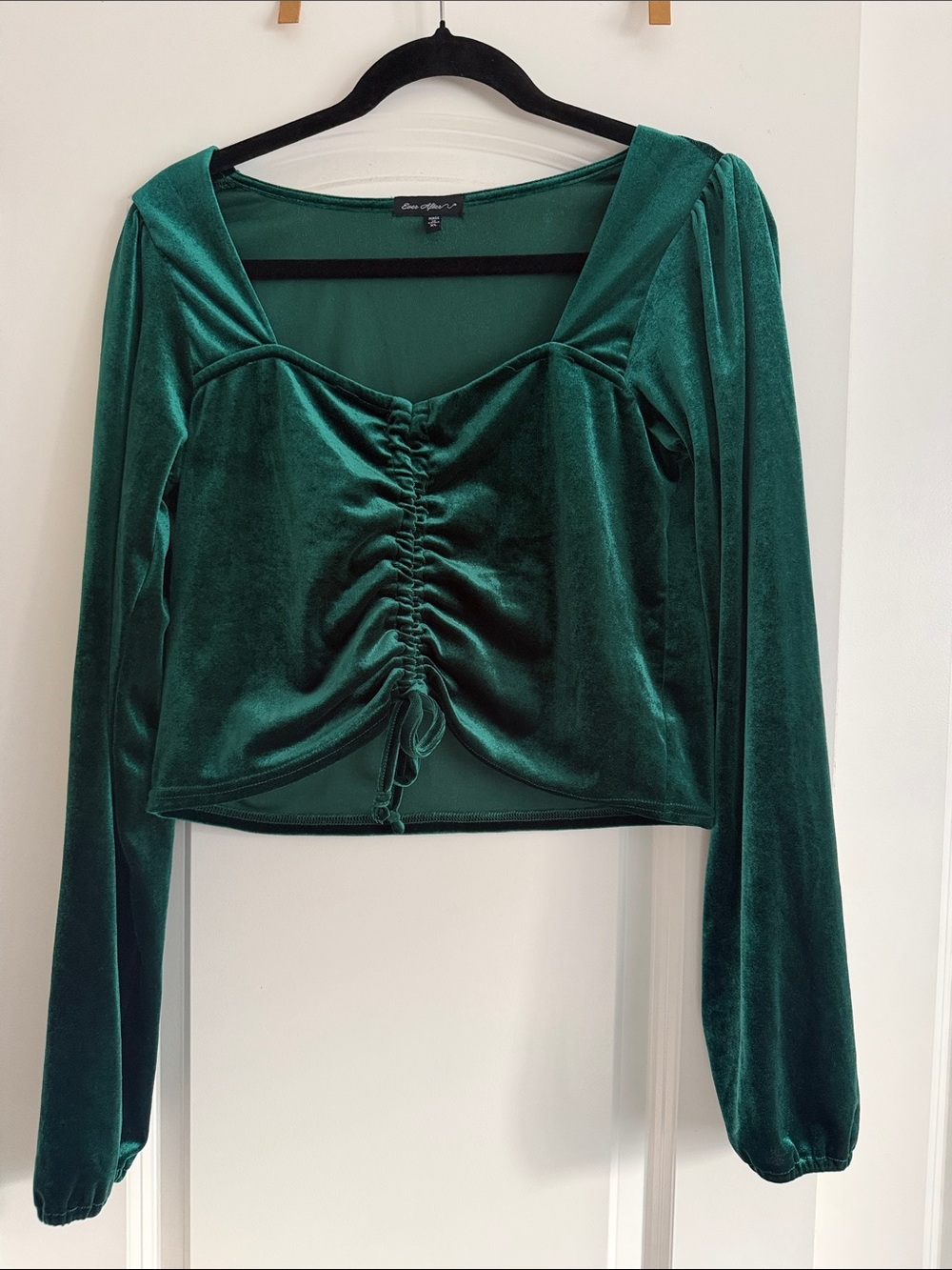 Green Velvet Ruched Front Long-Sleeve Top